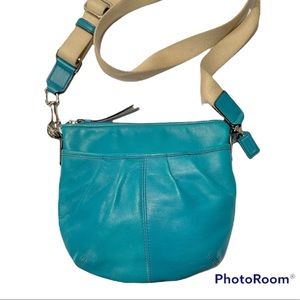 Coach Turquoise Leather Crossbody Bag 9 1/2 by 9 1/2.